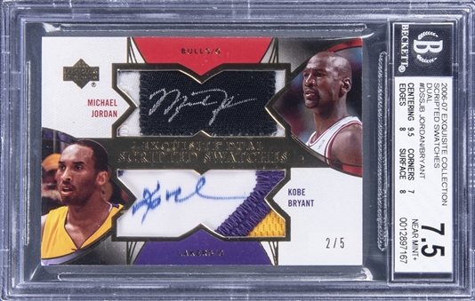 2006-07 UD "Exquisite Collection" Dual Scripted Swatches #DSSJB Michael Jordan & Kobe Bryant Dual Signed Game Used Patch Card (#2/5) - BGS NM+ 7.5/BGS 9